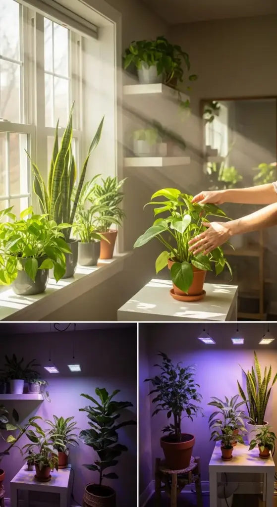 A four-panel collage illustrating different lighting setups for indoor plants. The top panel shows natural sunlight bathing small plants on a windowsill and shelves, with hands tending to a potted plant. The bottom panels feature indoor gardens illuminated by purple LED grow lights, demonstrating alternative methods for How To Grow Small Plants and maintain healthy growth indoors where natural light is insufficient.