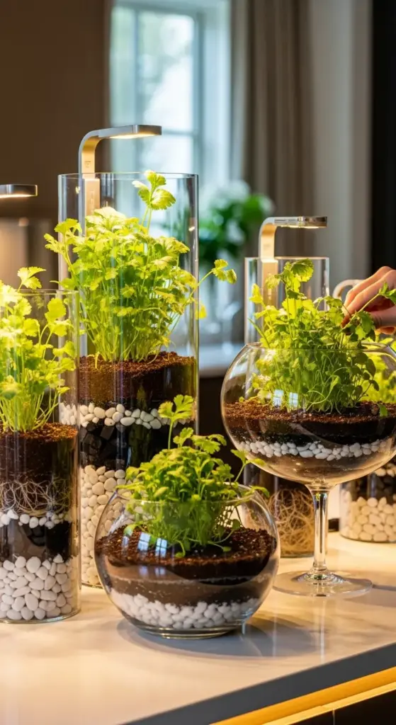 A unique collection of self-watering hydroponic Indoor Herb Pots, featuring fresh parsley or cilantro growing in layered glass vases and bowls with white pebbles and built-in LED grow lights.