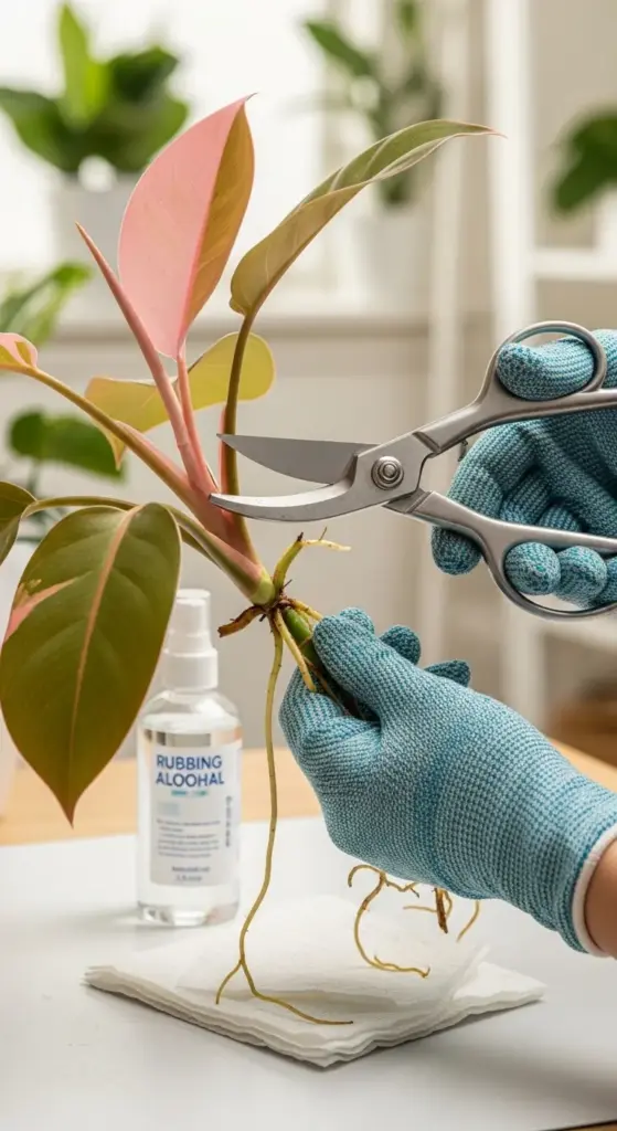 Propagating a Philodendron Pink Princess by cutting below an aerial root with sterilized shears, demonstrating proper technique for taking stem cuttings.