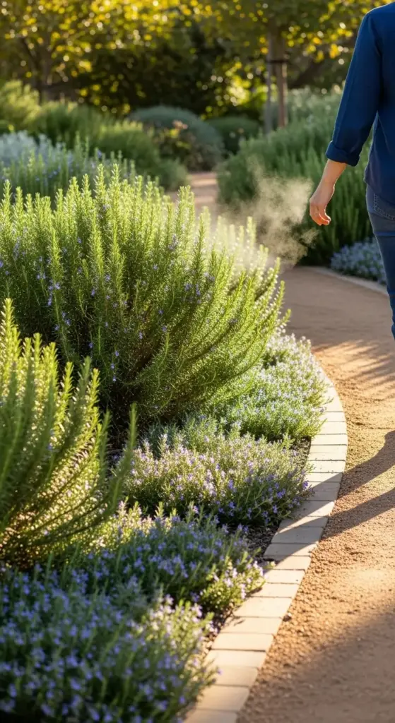 A person walks along a curved gravel path next to lush, flowering rosemary bushes, with aromatic mist rising from the plants, highlighting an immersive and fragrant Rosemary Garden Design in warm sunlight.