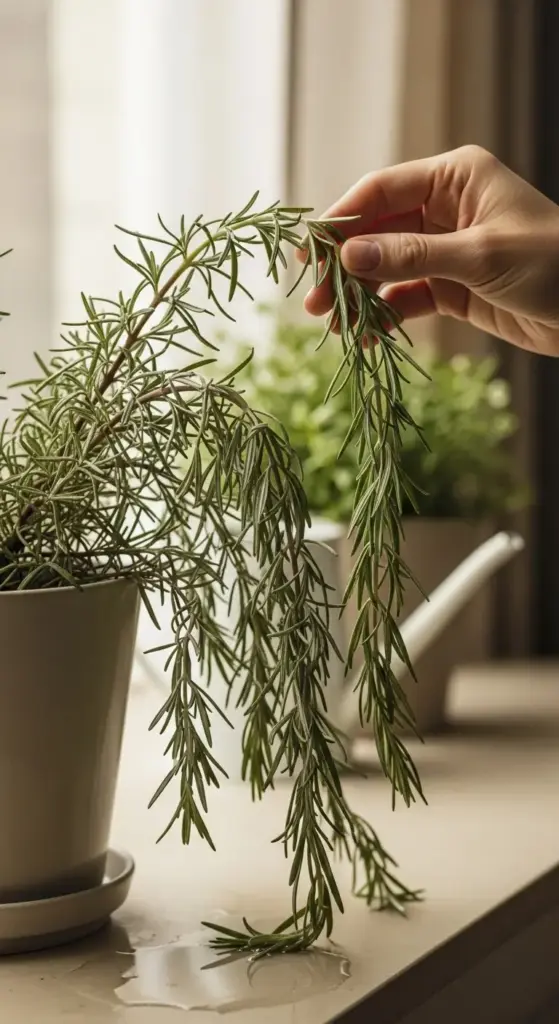 A hand gently lifts a drooping, dehydrated rosemary plant branch from a white pot, revealing its wilted state. The image, set on a sunlit windowsill, is ideal for an article on Rosemary Plant Care, specifically for diagnosing and treating an underwatered or neglected plant.