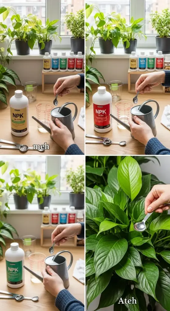 A four-panel collage demonstrating the process of fertilizing indoor plants. The top three panels show hands mixing NPK fertilizer into a small watering can with various fertilizer bottles in the background, all set in front of a windowsill lined with small plants. The bottom right panel shows a hand applying a spoonful of fertilizer directly to the leaves of a lush peace lily. This sequence illustrates the crucial step of nutrient application and provides an example of How To Grow Small Plants with added supplementation for optimal health.