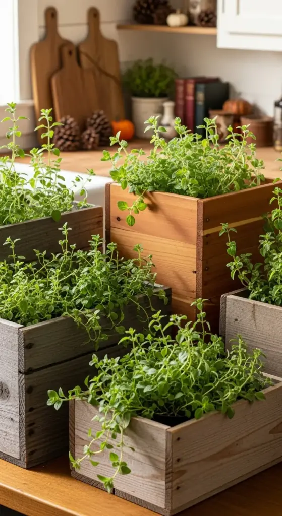 A rustic display of fresh oregano or marjoram herbs growing in square wooden Indoor Herb Pots, featuring natural and distressed gray wood finishes, on a warm kitchen counter.