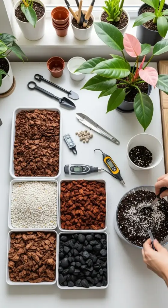 Overhead view of a Philodendron Pink Princess next to materials for creating an aroid soil mix, including coco coir, orchid bark, perlite, lava rock, and soil mixing tools.