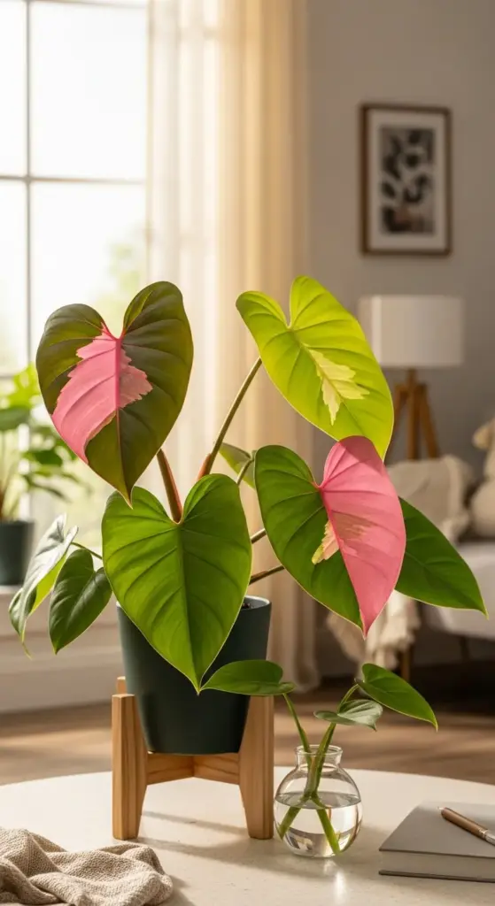 A highly sought-after Philodendron Pink Princess with striking pink and deep green variegated, heart-shaped leaves, displayed on a wooden stand in a bright, cozy living room, symbolizing the beauty of Rare Exotic House Plants.