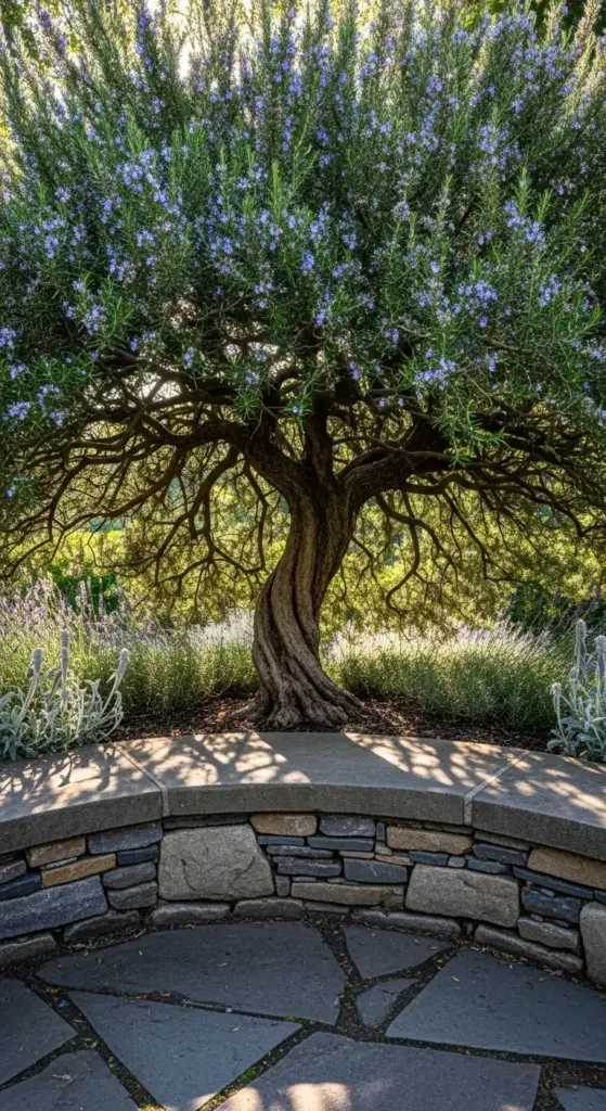 Striking rosemary garden design featuring a mature, twisted-trunk rosemary plant shaped like a small tree, covered in purple flowers, positioned behind a curved dry-stack stone wall and slate patio in dappled sunlight.