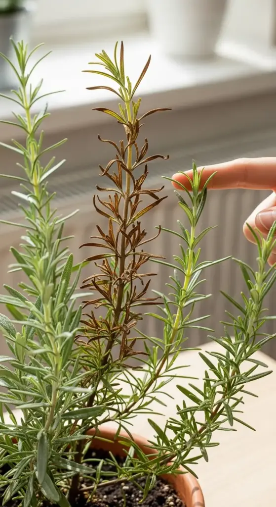 A hand points to a brown, dried-out rosemary branch, contrasting sharply with the healthy green foliage on either side. This close-up image is perfect for a guide on Rosemary Plant Care, specifically to illustrate the effects of overwatering, root rot, or other common plant diseases.