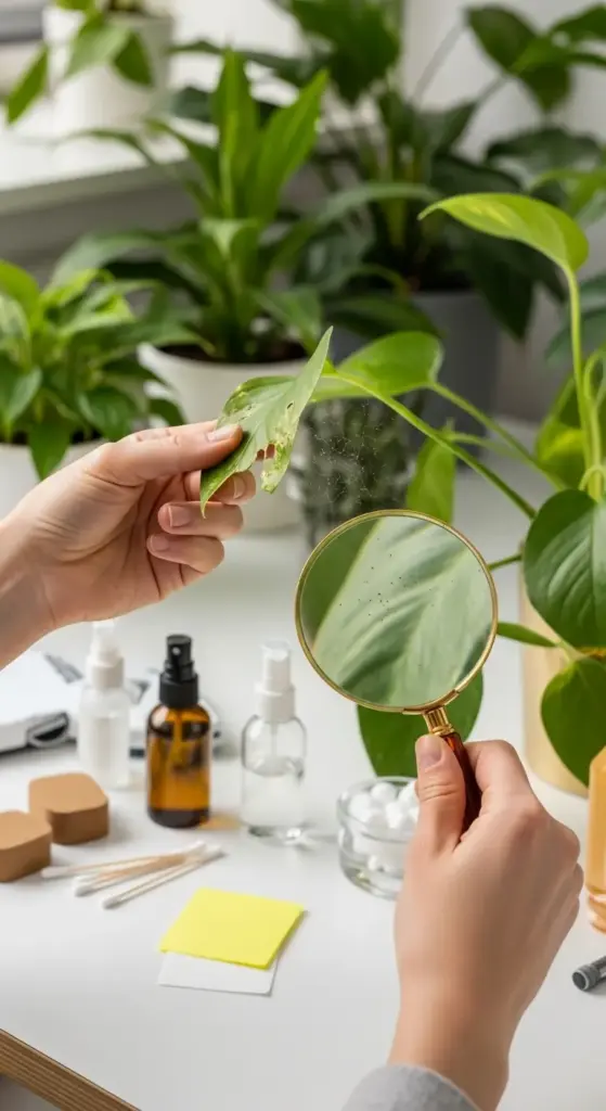 Close-up of hands inspecting a damaged plant leaf and holding a magnifying glass over another leaf to look for pests. The table contains various pest control and cleaning supplies like spray bottles, cotton swabs, and cotton balls. This image illustrates the critical step of identifying and managing pests, which is essential for How To Grow Small Plants and keep them healthy.