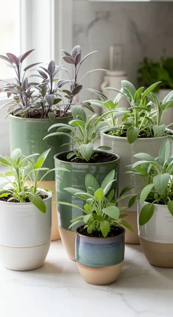 A cluster of common and purple sage plants growing in two-toned ceramic Indoor Herb Pots with glossy green and creamy white glazes, set on a marble kitchen counter.