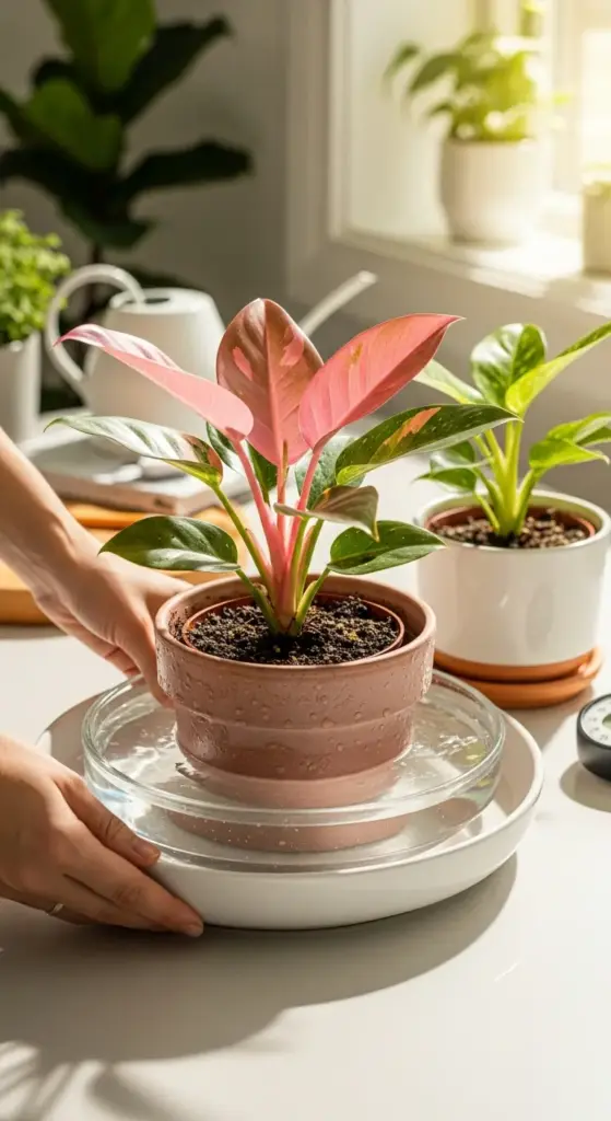 Bottom watering a Philodendron Pink Princess by placing the terracotta pot in a tray of water, an effective technique for ensuring the plant's roots are fully saturated.