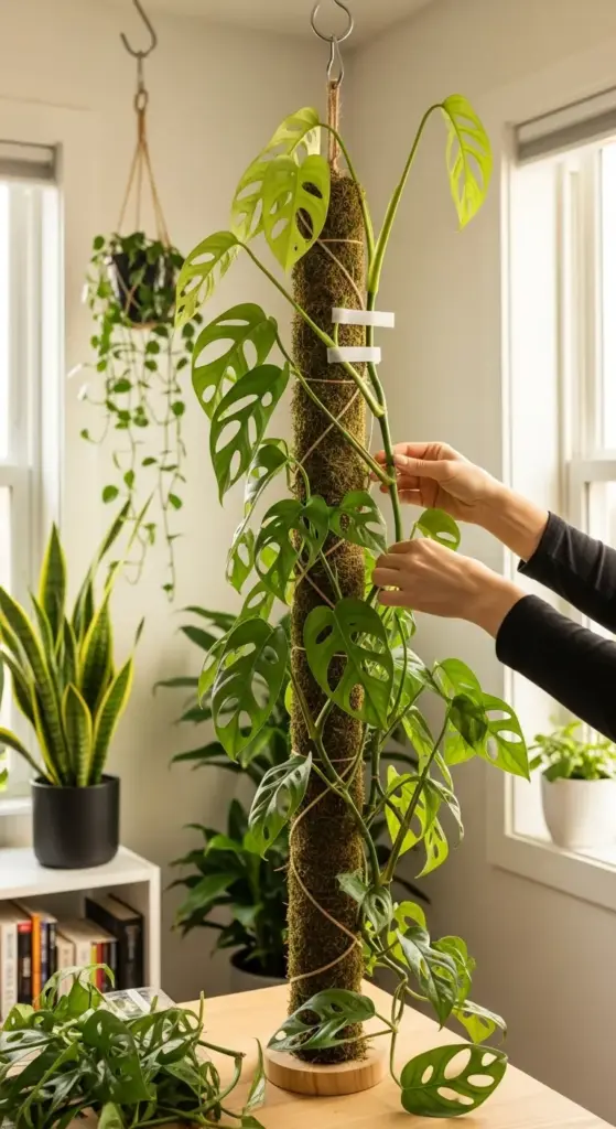 A person attaching the climbing stems of a highly fenestrated Monstera Adansonii (Swiss Cheese Vine), one of the popular Rare Exotic House Plants, to a tall, moss-covered coir pole for vertical growth and support.