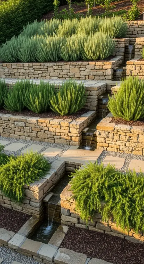 Terraced Rosemary Garden Design on a slope, featuring low stone retaining walls, cascading water features, and dense rows of vibrant green rosemary bushes, illuminated by warm evening sunlight.