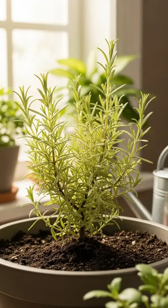 A front-facing shot of a newly planted or recently watered rosemary plant in a gray pot, sitting on a sunlit indoor windowsill. The soil is dark and moist, and the plant's light green, healthy foliage is in full focus. This image is ideal for an article or guide on Rosemary Plant Care, particularly for tips on proper watering or repotting.