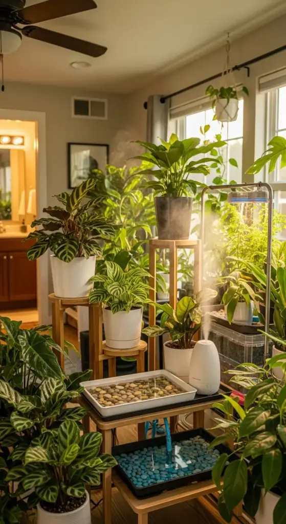 A dense indoor jungle featuring many small plants and medium-sized foliage, including Calatheas and Peace Lilies, arranged on multi-tiered wooden stands near a bright window. A humidifier is visibly misting the air, and pebble trays with water (one with blue stones) are used to increase humidity, showing advanced techniques for How To Grow Small Plants in a controlled indoor environment.