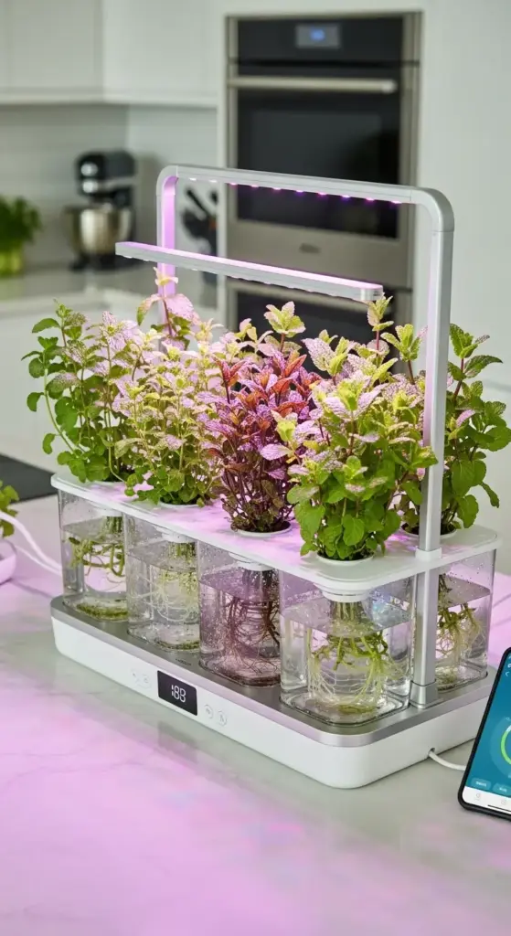 A modern white and silver hydroponic growing system with an LED grow light illuminating various types of mint, acting as self-watering Indoor Herb Pots on a kitchen counter.