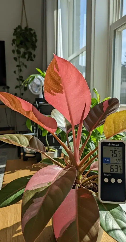A beautiful Philodendron Pink Princess with highly variegated leaves displayed next to a thermometer showing optimal day and night temperatures near a bright window.