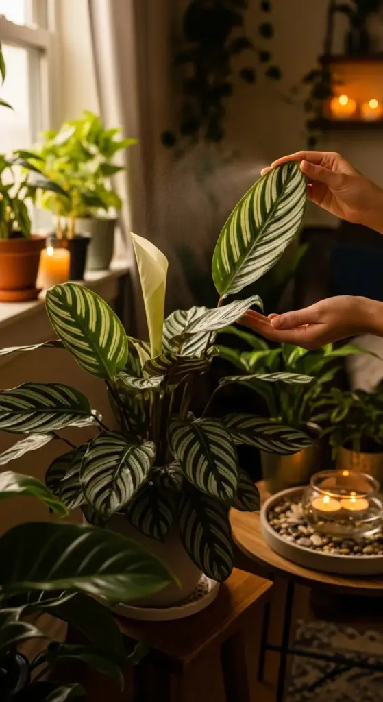 A stunning Calathea Zebrina or Calathea Ornata with distinctive striped leaves and a white bloom, being misted in a cozy, dimly lit room, highlighting the humidity needs of Rare Exotic House Plants.