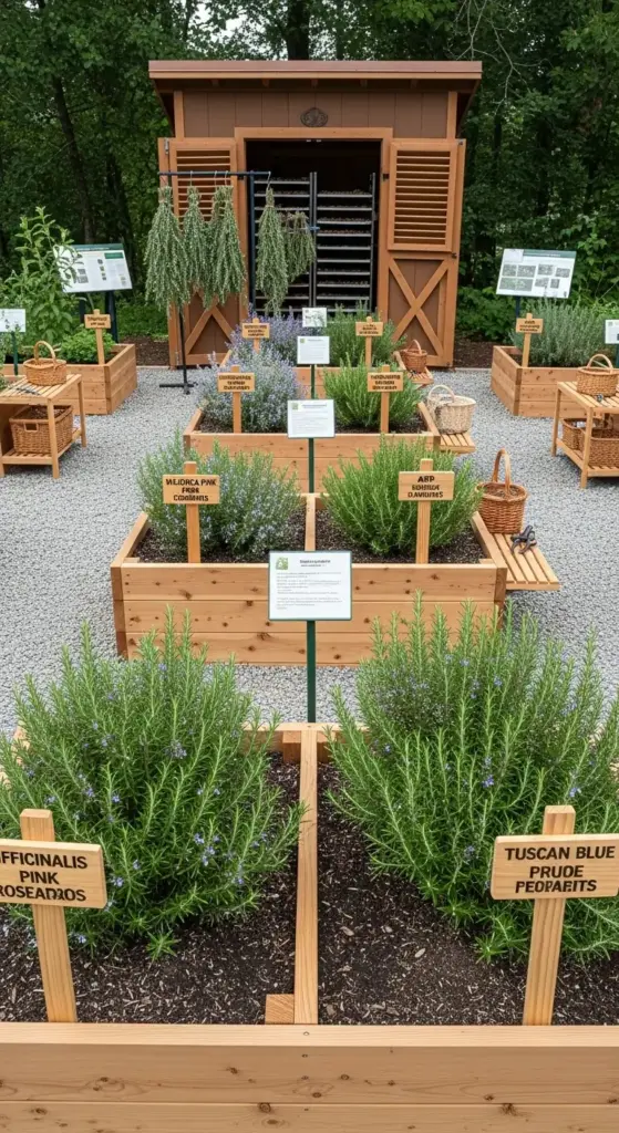 Educational Rosemary Garden Design display featuring various labelled rosemary cultivars in tiered wooden raised beds on a gravel path, with dried herbs hanging in a small wooden shed backdrop.