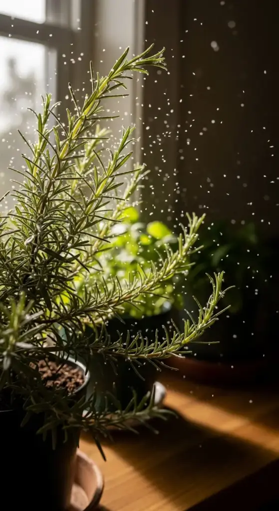 A dramatic, backlit image of a rosemary plant being misted with water. Tiny droplets glisten in the sunlight streaming through a window, highlighting the fine, needle-like leaves. This photo is great for an article on Rosemary Plant Care, particularly for tips on how to properly water or humidify the plant.