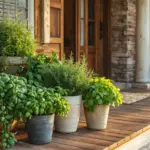 Potted Herbs On Porch in terracotta and stone planters, featuring lush green basil, rosemary, and other herbs set against a wooden porch deck and a rustic wooden front door.