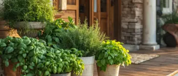 Potted Herbs On Porch in terracotta and stone planters, featuring lush green basil, rosemary, and other herbs set against a wooden porch deck and a rustic wooden front door.