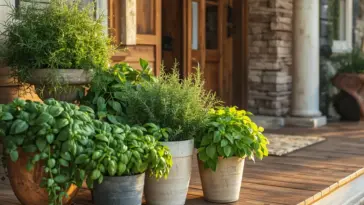 Potted Herbs On Porch in terracotta and stone planters, featuring lush green basil, rosemary, and other herbs set against a wooden porch deck and a rustic wooden front door.