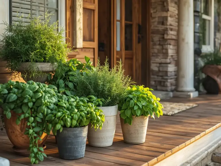 Potted Herbs On Porch in terracotta and stone planters, featuring lush green basil, rosemary, and other herbs set against a wooden porch deck and a rustic wooden front door.