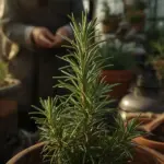 A close-up photograph of a vibrant, potted rosemary plant with its needle-like green leaves, set in a sunny greenhouse with a blurred person tending to other plants in the background. How To Care For Rosemary Plants in a pot indoors, showing healthy growth.