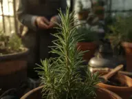 A close-up photograph of a vibrant, potted rosemary plant with its needle-like green leaves, set in a sunny greenhouse with a blurred person tending to other plants in the background. How To Care For Rosemary Plants in a pot indoors, showing healthy growth.