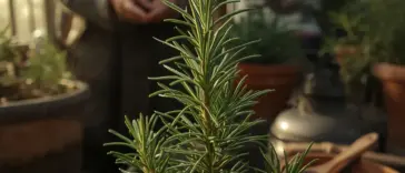 A close-up photograph of a vibrant, potted rosemary plant with its needle-like green leaves, set in a sunny greenhouse with a blurred person tending to other plants in the background. How To Care For Rosemary Plants in a pot indoors, showing healthy growth.