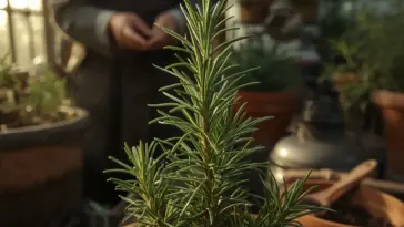 A close-up photograph of a vibrant, potted rosemary plant with its needle-like green leaves, set in a sunny greenhouse with a blurred person tending to other plants in the background. How To Care For Rosemary Plants in a pot indoors, showing healthy growth.
