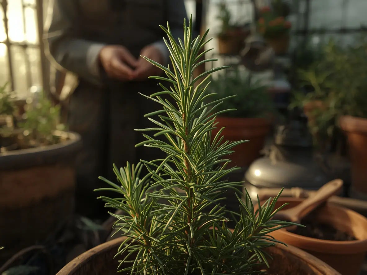 A close-up photograph of a vibrant, potted rosemary plant with its needle-like green leaves, set in a sunny greenhouse with a blurred person tending to other plants in the background. How To Care For Rosemary Plants in a pot indoors, showing healthy growth.