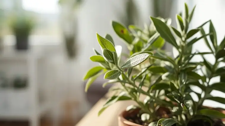 Indoor Sage Plant in a terracotta pot on a sunny windowsill, featuring fuzzy green leaves and bright natural light for growing herbs indoors.