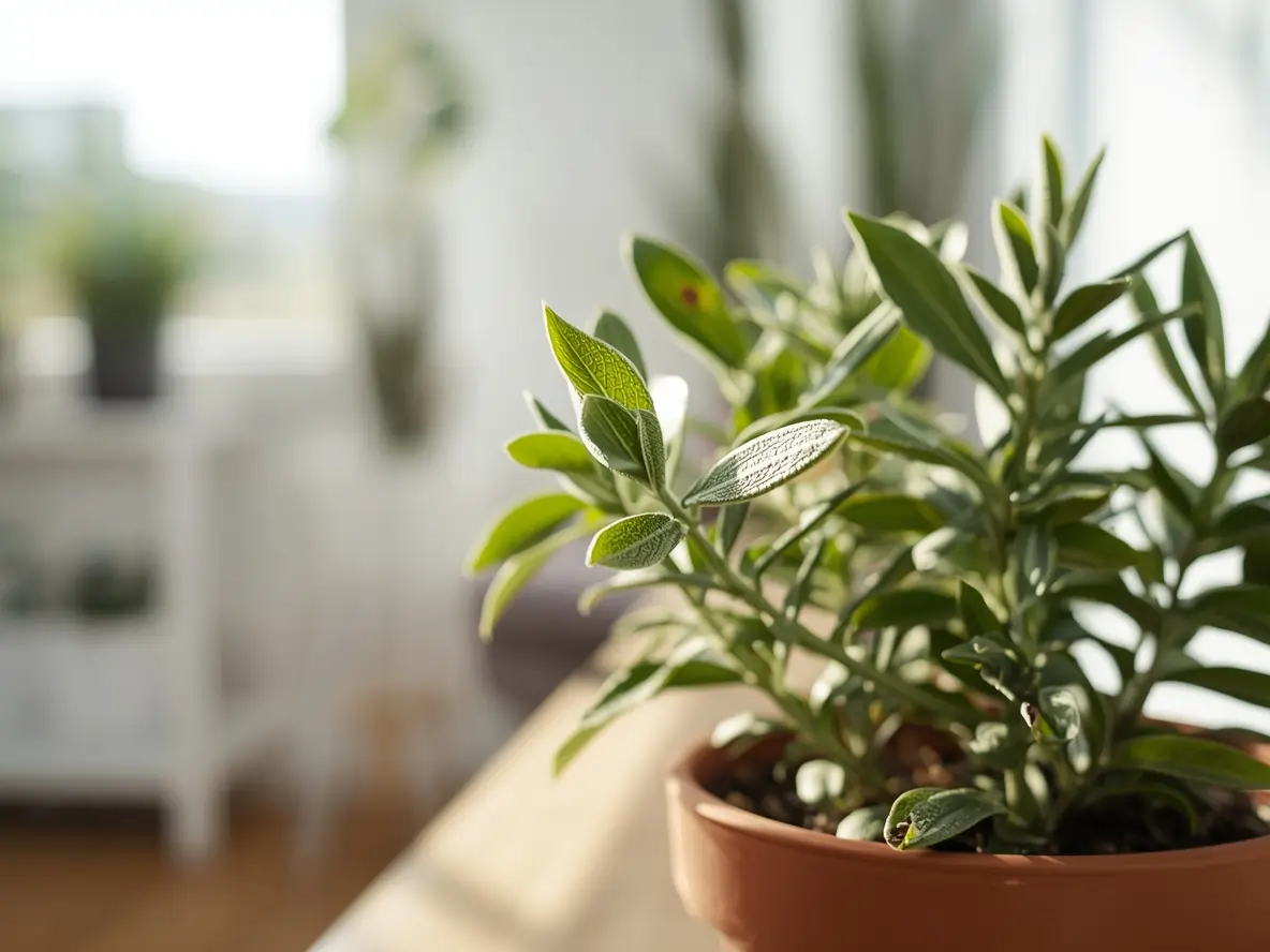 Indoor Sage Plant in a terracotta pot on a sunny windowsill, featuring fuzzy green leaves and bright natural light for growing herbs indoors.