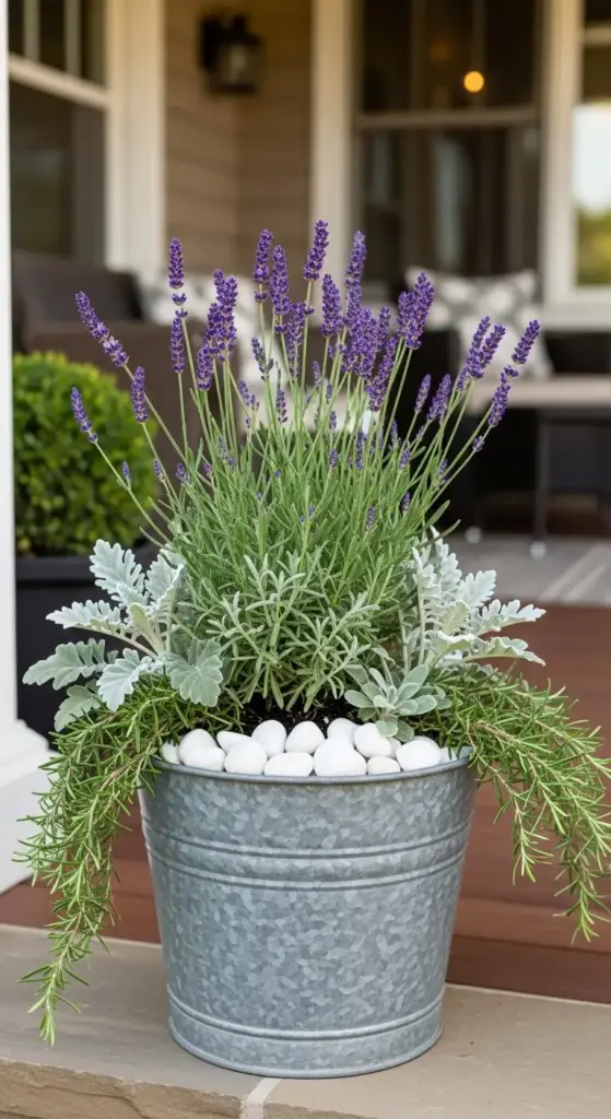 Close-up of a galvanized metal planter filled with blooming lavender, silvery dusty miller, and trailing rosemary, creating a beautiful display of Herbs On Porch decking.