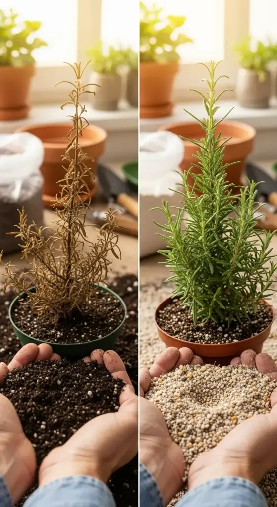 A vertical side-by-side comparison showing a dead, dried-out rosemary plant in poor soil on the left, and a healthy, vibrant green rosemary plant with fresh soil/fertilizer on the right. Hands in the foreground hold dark, dry soil (left) and light-colored, granular fertilizer (right). Visual guide illustrating the difference in health when you know How To Care For Rosemary Plants.