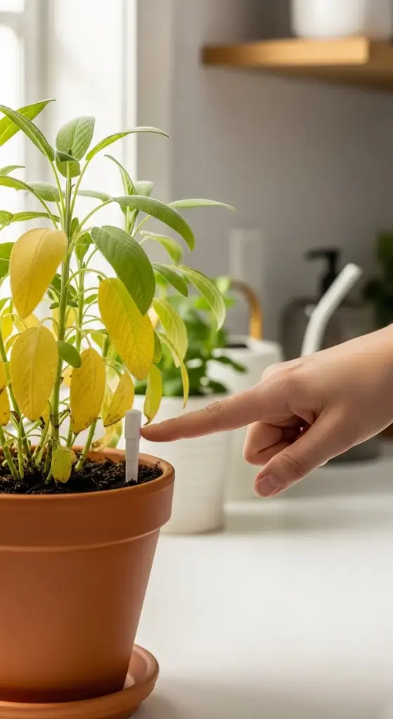 Indoor Sage Plant with yellow leaves in a terracotta pot, showing signs of overwatering or nutrient deficiency, with a finger touching a soil moisture meter in a kitchen setting.