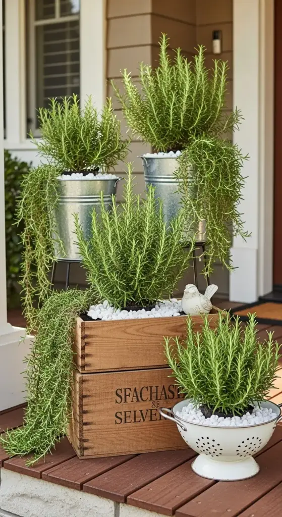 Decorative tiered display of cascading rosemary Herbs On Porch in various containers, including galvanized buckets, a wooden crate, and a white enamel colander, decorating a wooden deck.