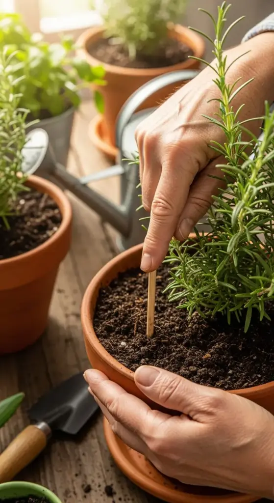 A close-up vertical image of a person's hands checking the soil moisture of a potted rosemary plant using a wooden stick. The plant is in a terra-cotta pot on a wooden table, with a watering can and other herbs in the background. A step in learning How To Care For Rosemary Plants by properly monitoring soil conditions.