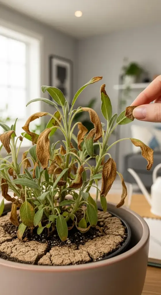 Severely dehydrated Indoor Sage Plant with dry, cracked soil and brown, crispy leaves, illustrating signs of underwatering and drought stress, with a hand checking the damaged foliage.