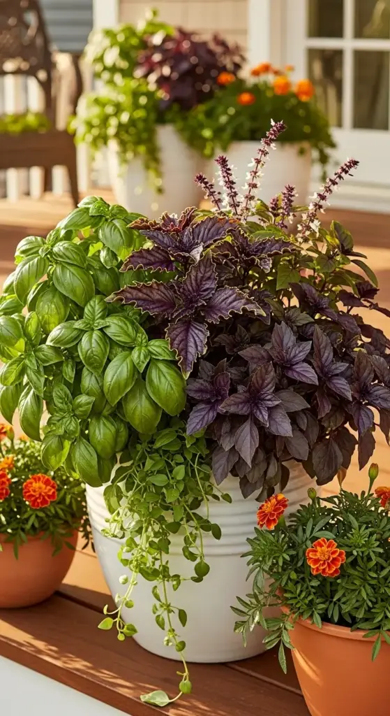 Close-up of a white planter combining vibrant green sweet basil and deep purple basil, along with small orange marigolds, showcasing beautiful Herbs On Porch decking.