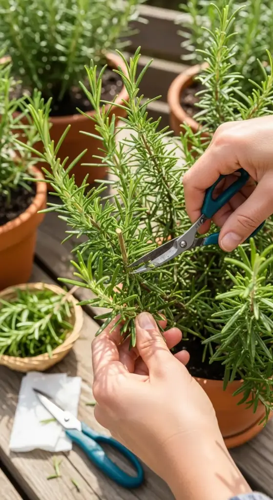 A close-up, vertical image showing a person's hands pruning a healthy potted rosemary plant using small blue-handled shears outdoors on a sunny deck. A small basket of harvested rosemary sprigs is visible to the left. Essential step on How To Care For Rosemary Plants by properly pruning and harvesting.