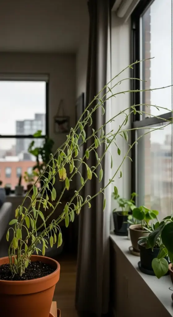 Indoor Sage Plant suffering from etiolation, with long, leggy, and stretched stems reaching for light near a window, a clear example of a plant struggling due to low light conditions.