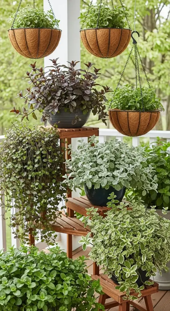 Vertical garden display of various Herbs On Porch, including mint, creeping jenny, dusty miller, and variegated oregano, arranged on a wooden plant stand and in hanging coconut-lined baskets.
