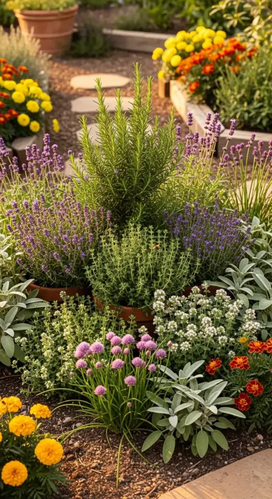 A lush, vertical garden display featuring a tall, healthy rosemary plant surrounded by blooming lavender, chives, thyme, sage, marigolds, and other companion plants in a sunny raised bed. Ideal placement showing How To Care For Rosemary Plants when grown outdoors with other herbs and flowers.