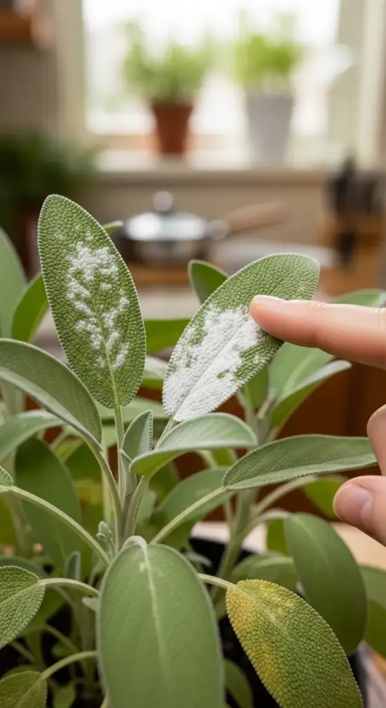 Close-up of an Indoor Sage Plant leaf covered in Powdery Mildew, a white fungal growth on the foliage, with a finger touching the affected area to show a common plant disease problem.