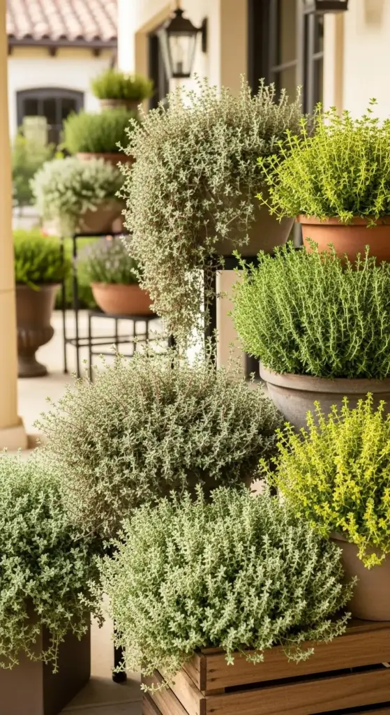 A beautiful tiered arrangement of various thyme varieties, including creeping thyme and lemon thyme, growing in terracotta and stone pots, creating a fragrant collection of Herbs On Porch.