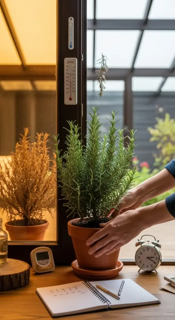 A vertical image of hands adjusting a healthy potted rosemary plant sitting on a wooden table indoors near a glass door, with a thermometer, alarm clock, and a notebook for tracking care visible. A reflected, dry, neglected rosemary plant is visible in the background, contrasting with the healthy one. Essential tips on How To Care For Rosemary Plants by monitoring temperature and keeping a care log.