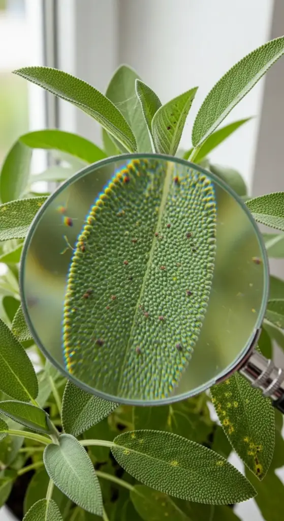 Close-up view of an Indoor Sage Plant leaf under a magnifying glass, revealing tiny dark spots that indicate pests or disease, highlighting the textured surface and detail of plant foliage damage.