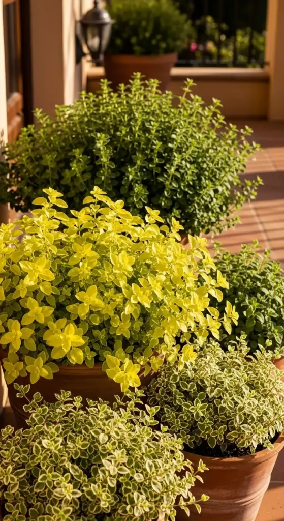 Close-up of terracotta pots displaying contrasting oregano varieties, including bright golden oregano and variegated oregano, as decorative Herbs On Porch with a tiled floor.